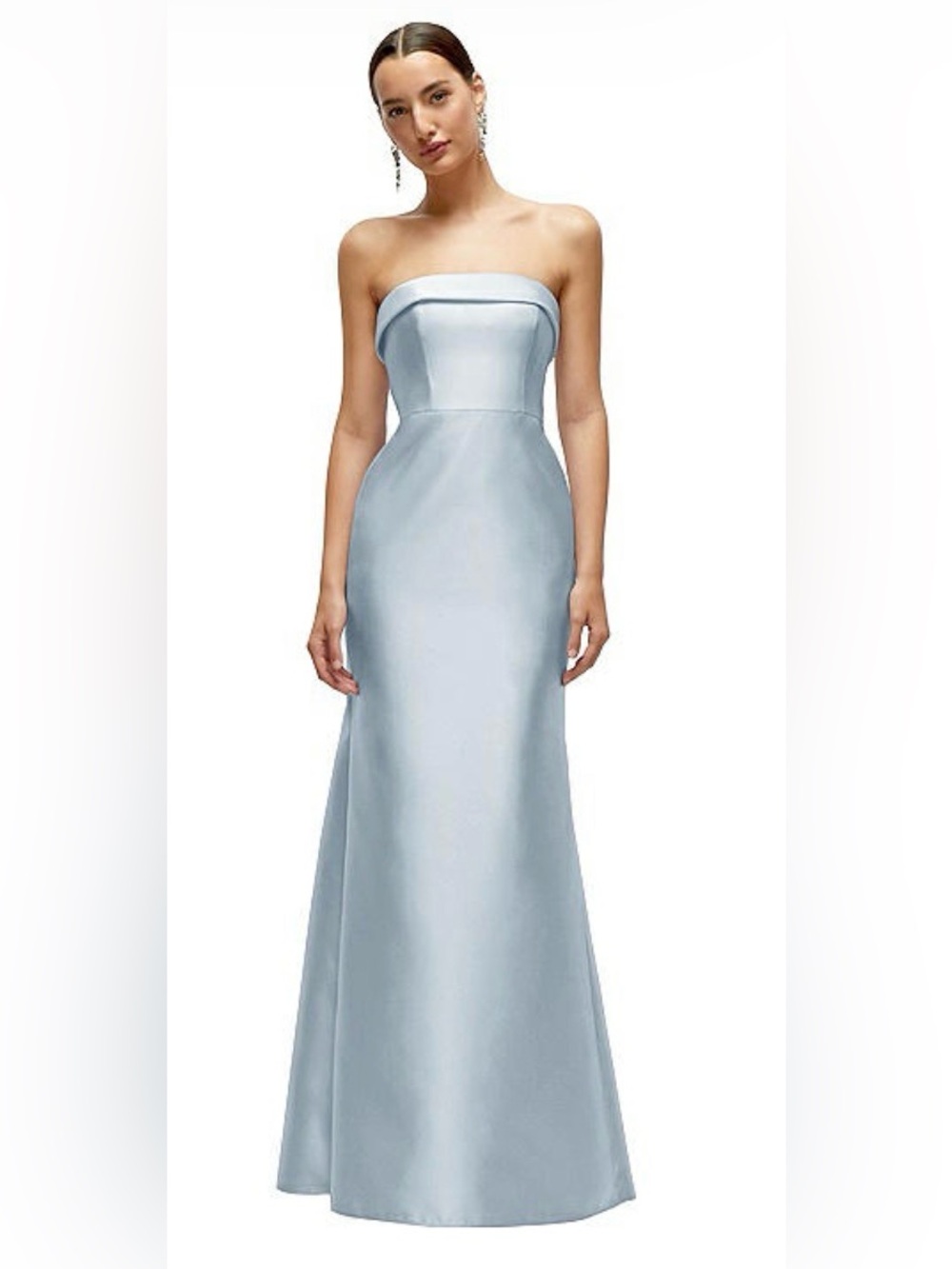 ALFRED SUNG STRAPLESS CUFF NECK SATIN MAXI DRESS WITH COLUMN SKIRT IN MIST